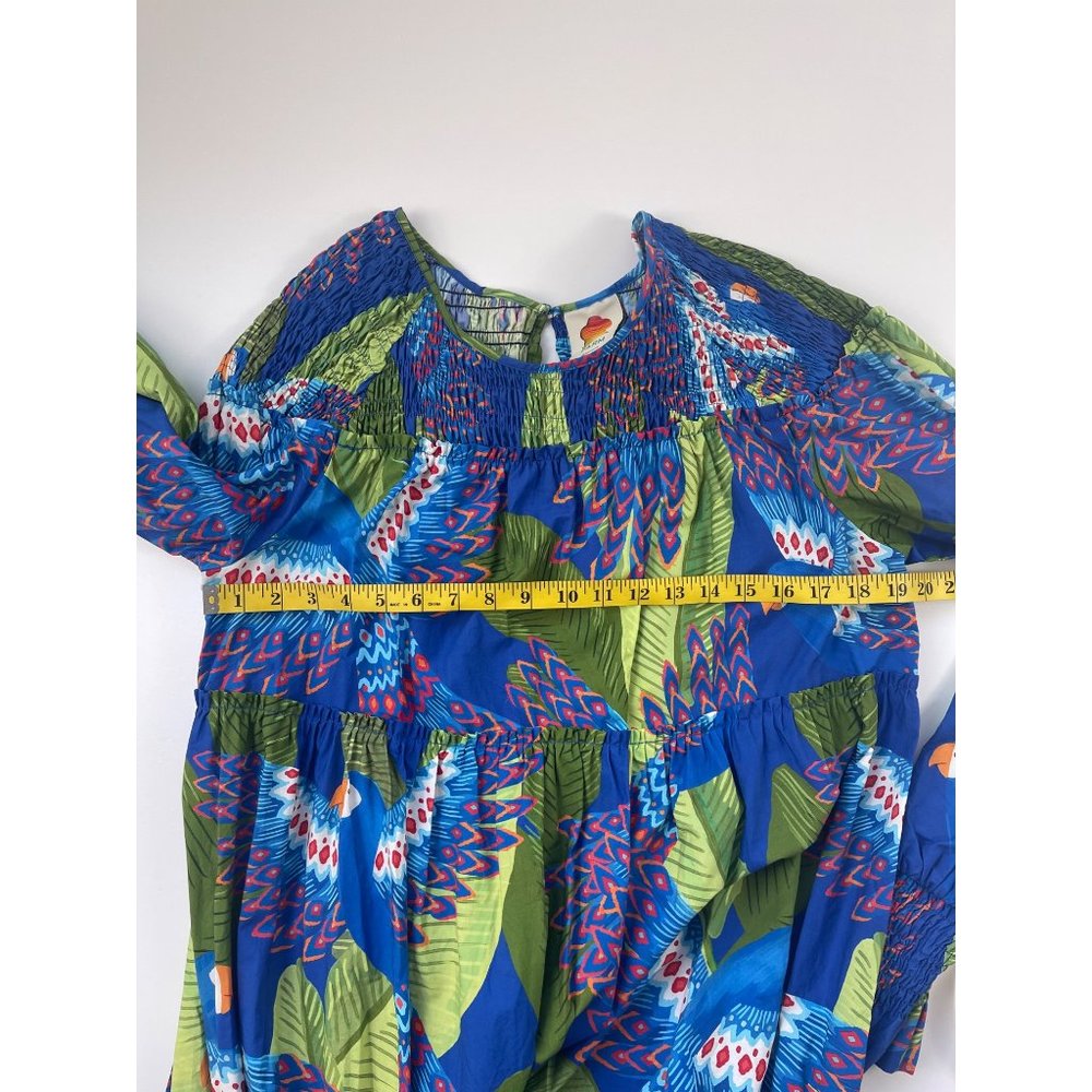 Farm Rio Women’s Tropical Dress Size L Blue Macaw long Sleeve MIDI Maxi - Picture 5 of 9